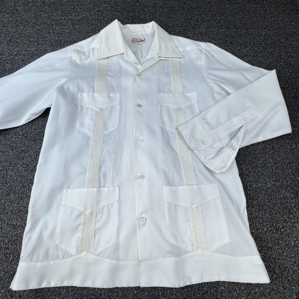 Vtg Chacool Shirt Mens 38 White Long Sleeve Button Up Embroidered Guayabera